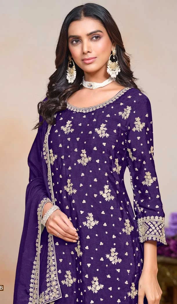 Chinon Sequin Embroidered Party Wear Palazzo Salwar Suit In Purple - 147201404