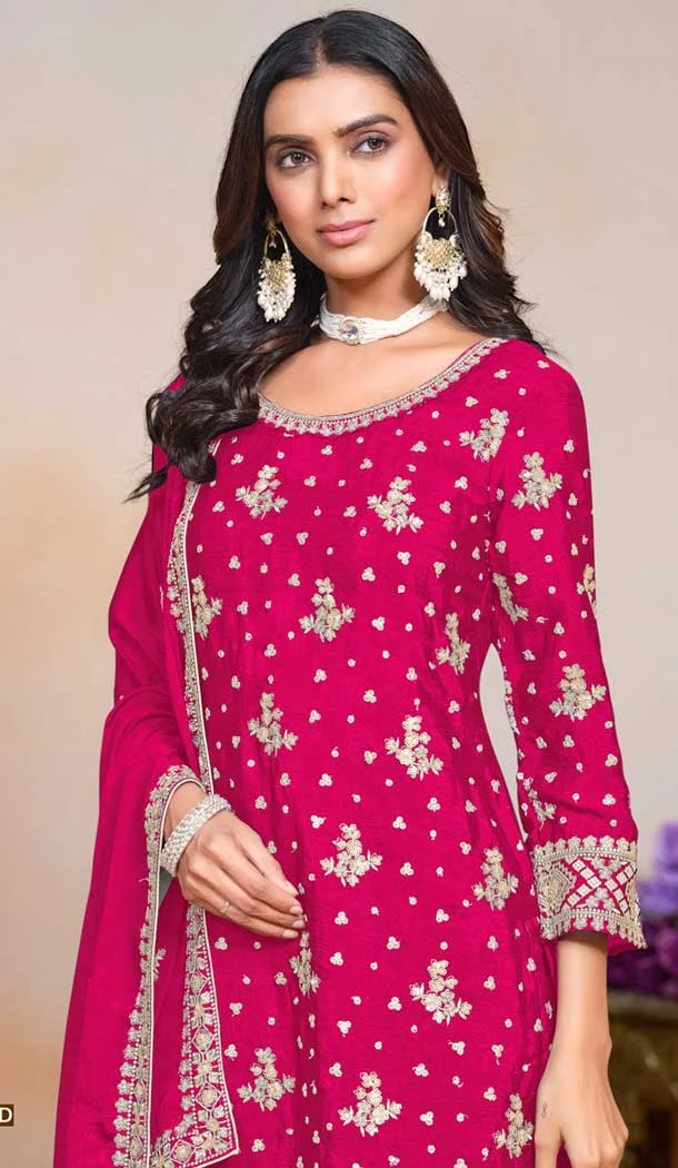 Chinon Sequin Embroidered Party Wear Palazzo Salwar Suit In Pink - 147201406
