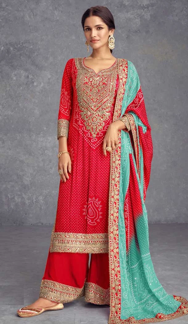 Chinon Embroidered Party Wear Palazzo Salwar Suit In Red - 147231436