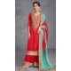 Chinon Embroidered Party Wear Palazzo Salwar Suit In Red - 147231436
