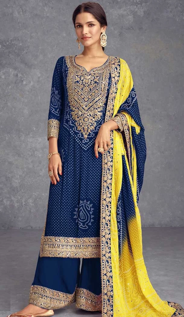 Chinon Embroidered Party Wear Palazzo Salwar Suit In Blue - 147231437