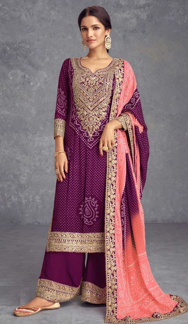 Chinon Embroidered Party Wear Palazzo Salwar Suit In Purple - 147231438
