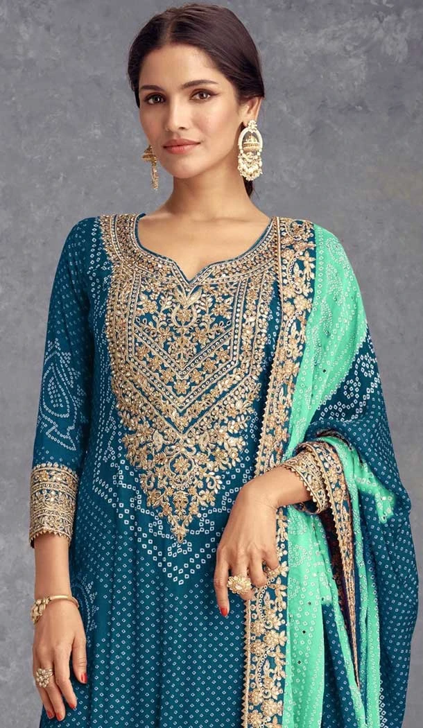 Chinon Embroidered Party Wear Palazzo Salwar Suit In Rama Blue - 147231439