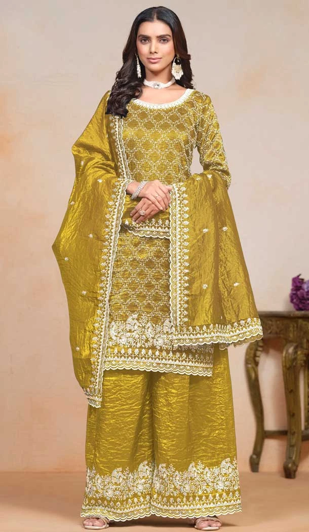 Yellow Gold Crush Embroidered Party Wear Palazzo Salwar Suit - 147501631