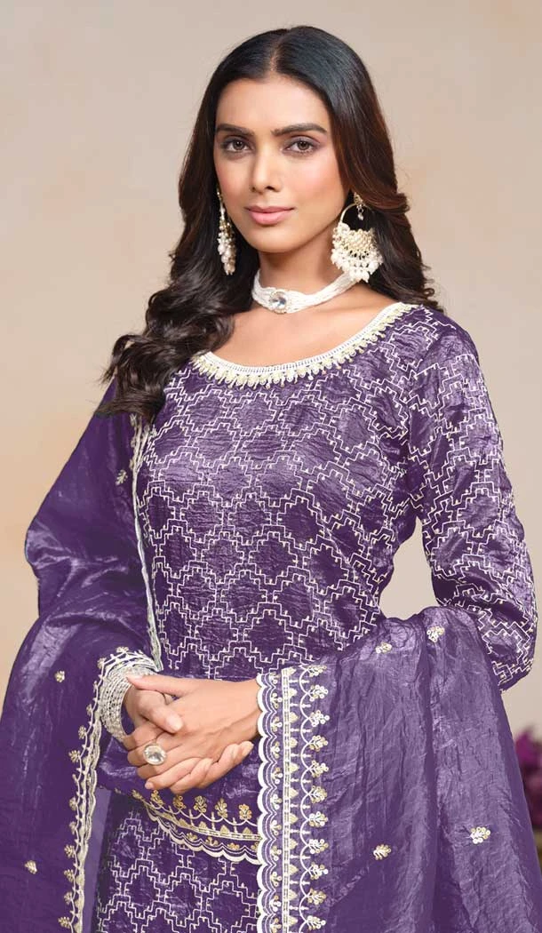 Purple Gold Crush Embroidered Party Wear Palazzo Salwar Suit - 147501632