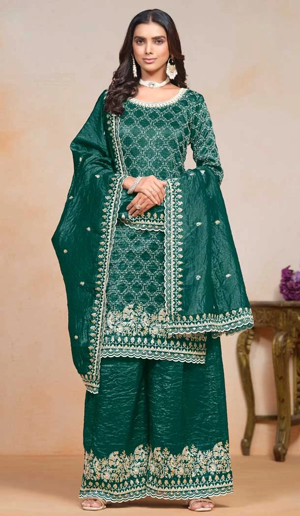 Rama Blue Gold Crush Embroidered Party Wear Palazzo Salwar Suit - 147501633