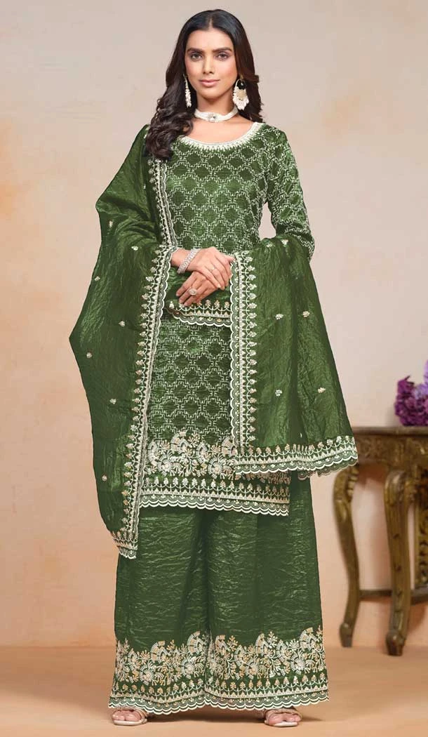 Green Gold Crush Embroidered Party Wear Palazzo Salwar Suit - 147501634