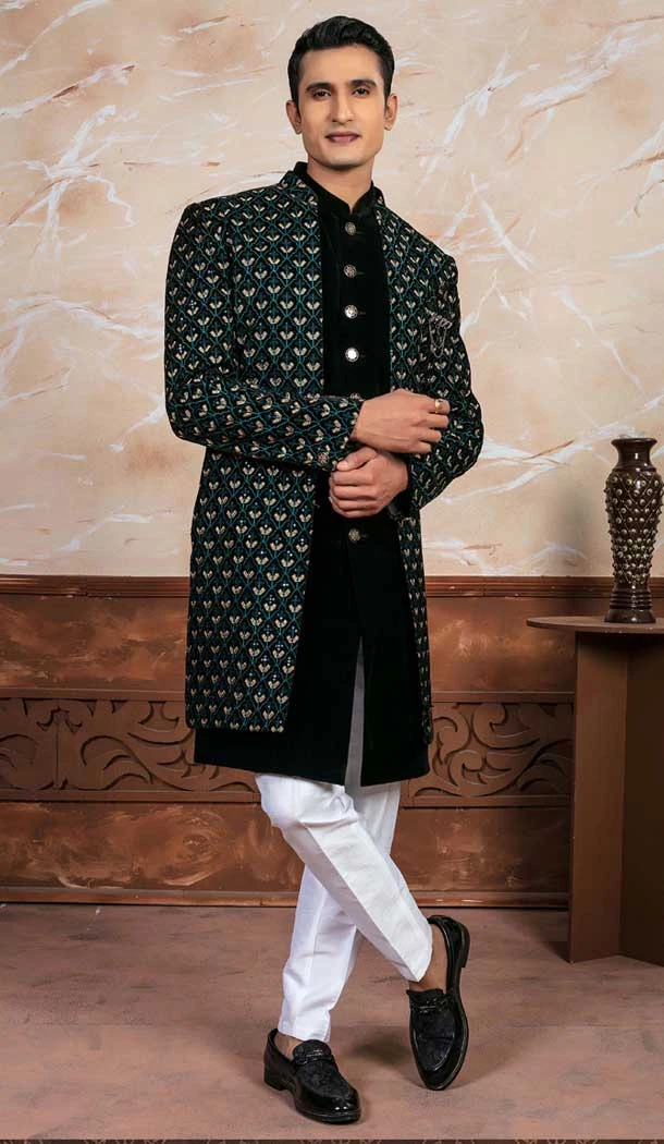 Black Velvet Embroidered Designer Readymade Men's Indo Western - 9278186508
