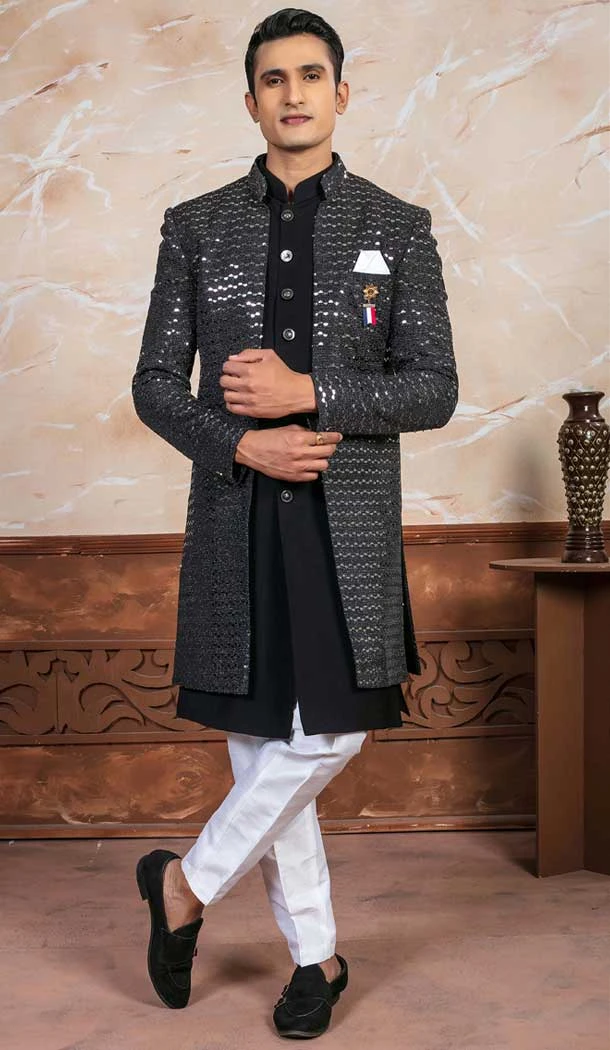 Black Rayon Embroidered Designer Readymade Men's Indo Western - 9278186509