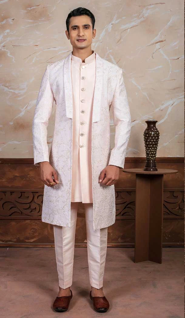 Peach Silk Embroidered Designer Readymade Men's Indo Western - 9278186510