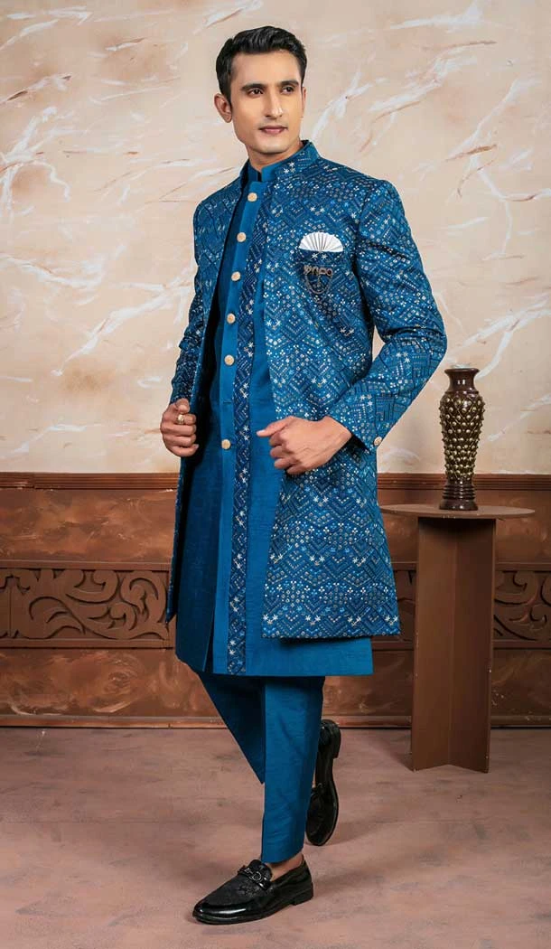 Peacock Rama Silk Embroidered Designer Readymade Men's Indo Western - 9278186511