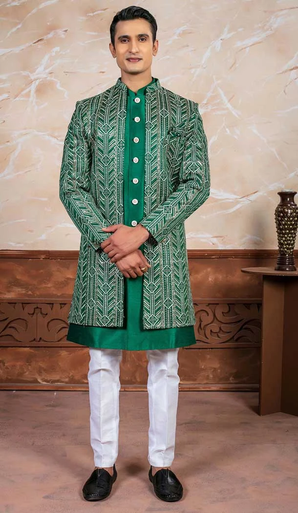 Green Silk Embroidered Designer Readymade Men's Indo Western - 9278186513