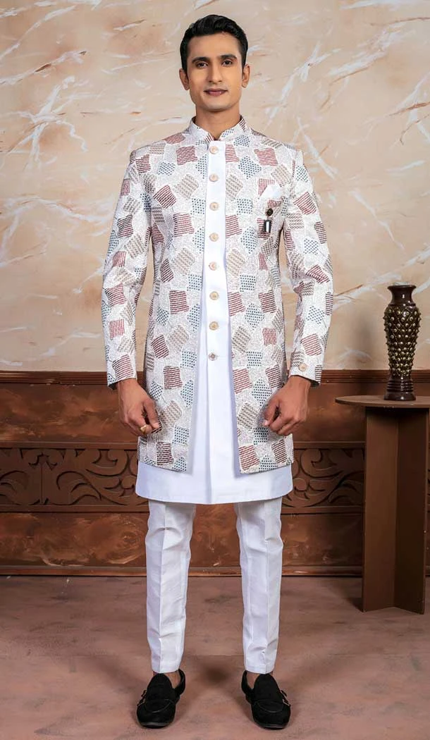 Off White Silk Embroidery Designer Readymade Mens Indo Western - 9279186516