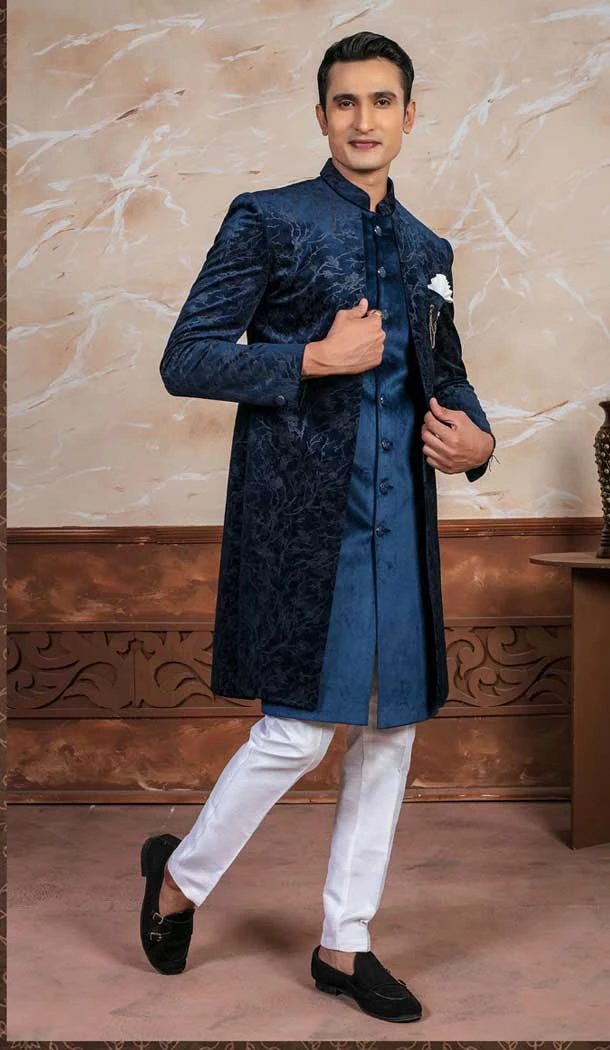 Blue Velvet Embroidery Designer Readymade Mens Indo Western - 9279186517