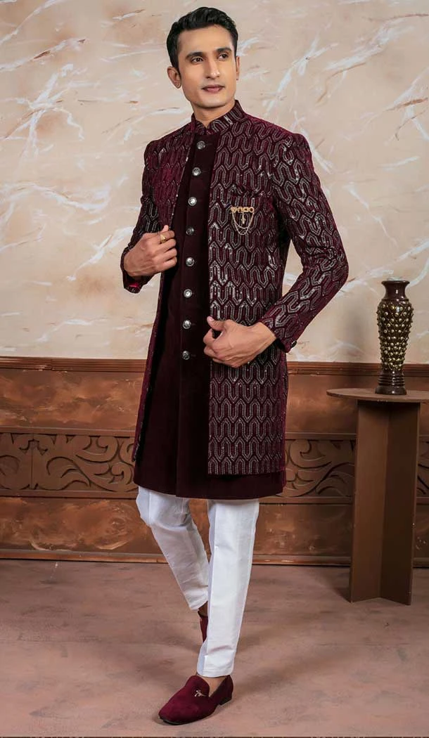 Maroon Velvet Embroidery Designer Readymade Mens Indo Western - 9279186518
