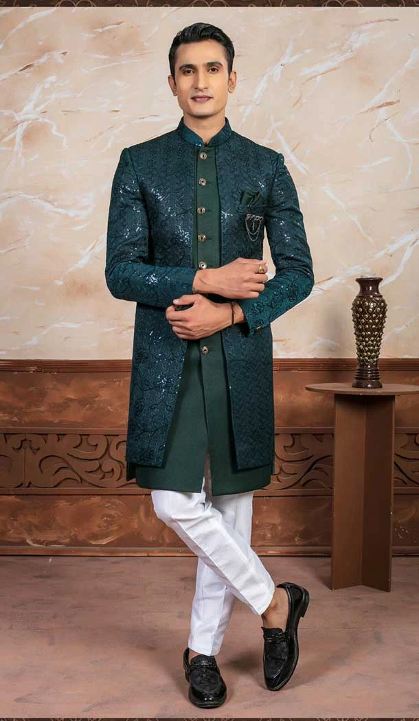 Green Jacquard Embroidery Designer Readymade Mens Indo Western - 9279186520