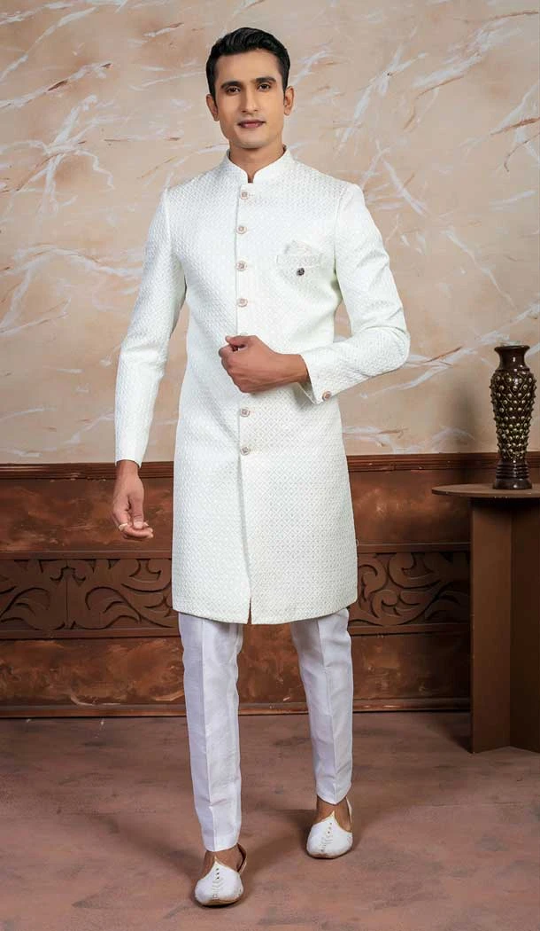 Cream Sequence Embroidery Designer Readymade Mens Indo Western - 9279186521