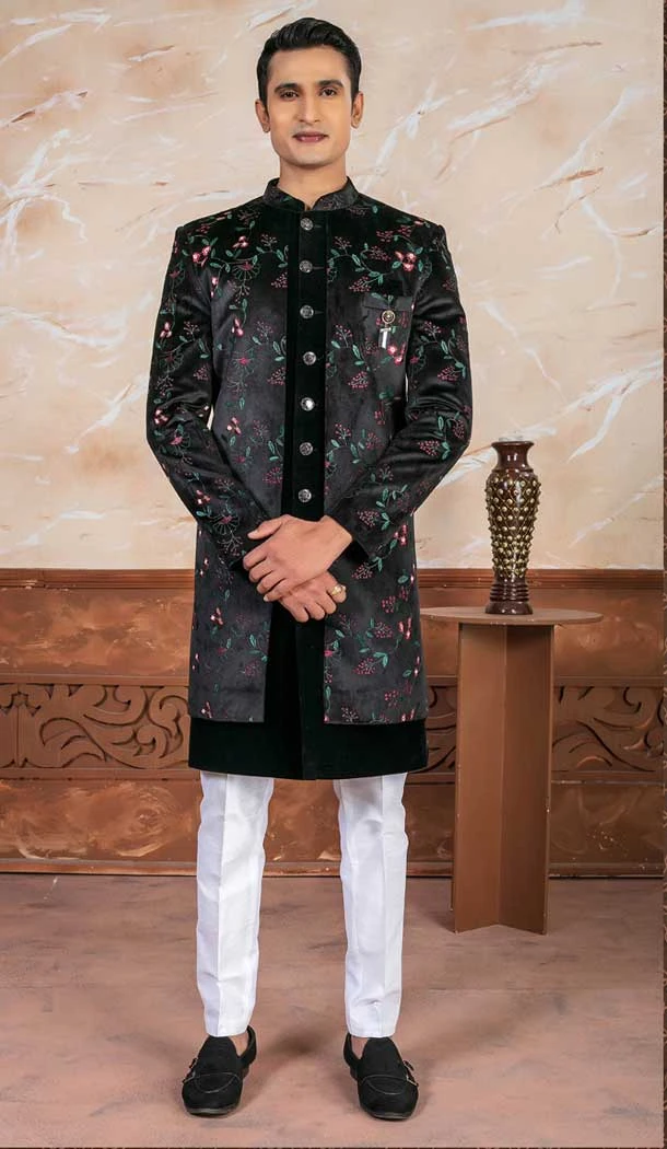 Black Velvet Embroidery Designer Readymade Mens Indo Western - 9279186523
