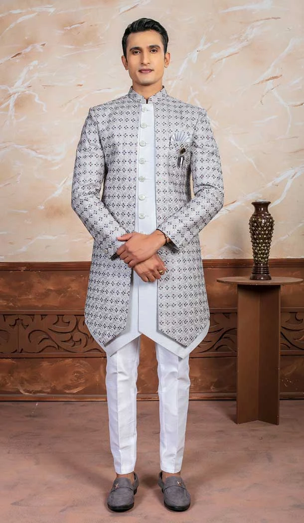 Gray Silk Embroidery Designer Readymade Mens Indo Western - 9279186524