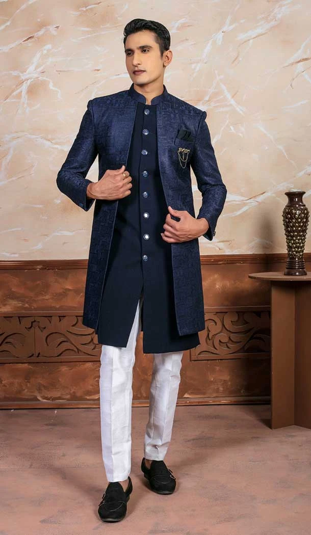 Blue Imported Embroidery Designer Readymade Mens Indo Western - 9279186527