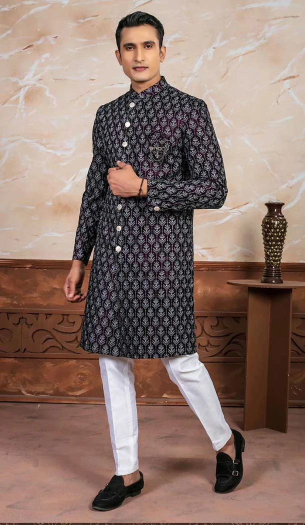 Wine Velvet Embroidery Designer Readymade Mens Indo Western - 9279186528