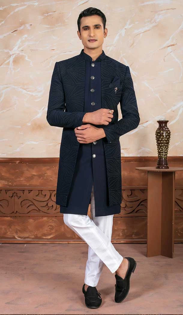 Imported Embroidery Designer Readymade Mens Indo Western In Blue - 9279186529