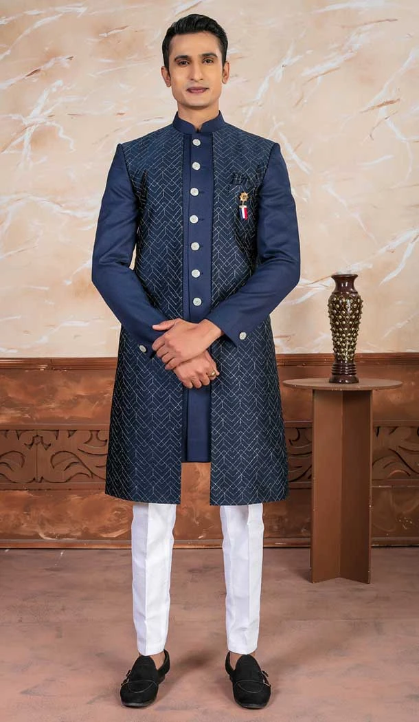 Blue Embroidery Designer Readymade Mens Indo Western - 9279186530