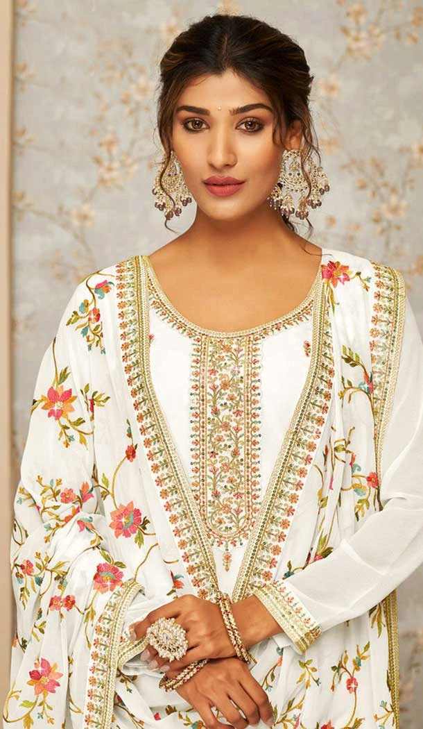 White Georgette Embroidery Work Evening Wear Palazzo Salwar Suit - 9586188183