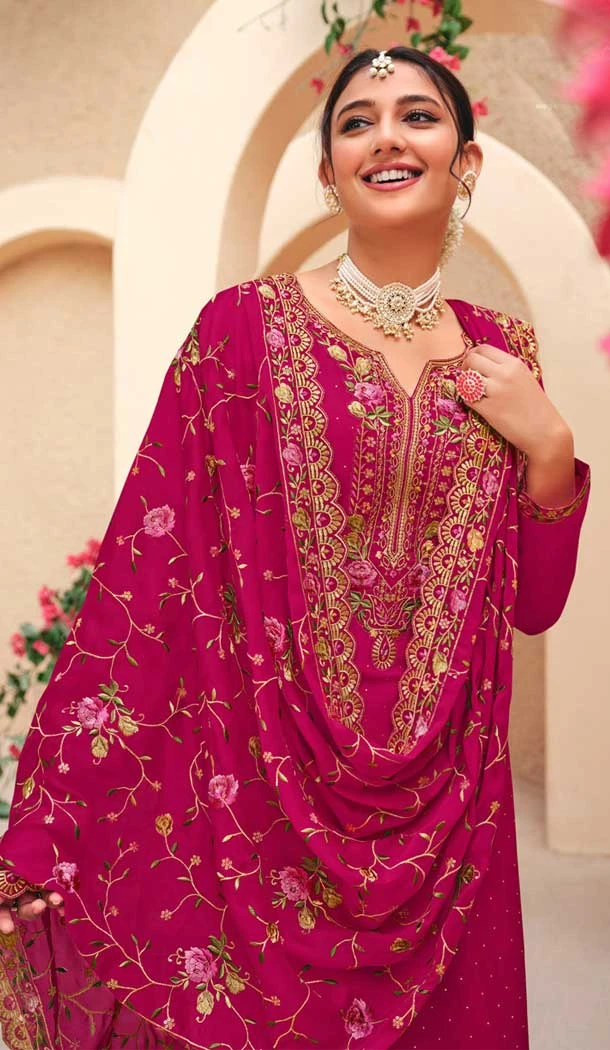 Georgette Embroidered Pakistani Style Palazzo Salwar Suit In Red - 9588188192