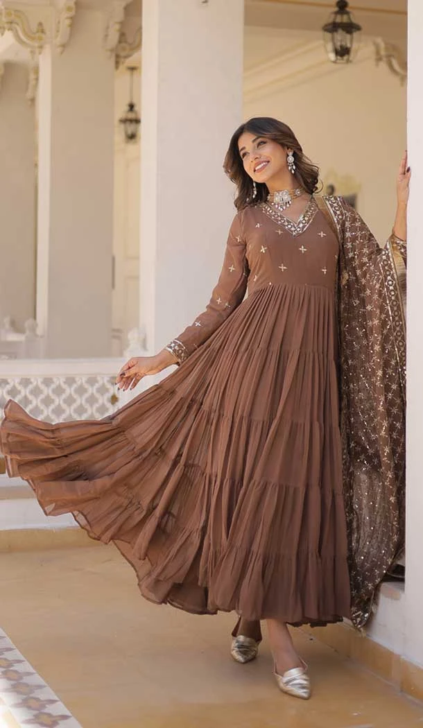 Coffee Faux Georgette Embroidered Party Wear Gown With Dupatta - 9601188267