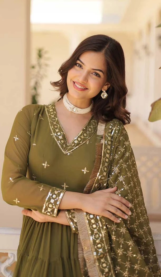 Mehendi Green Faux Georgette Embroidered Party Wear Gown With Dupatta - 9601188268