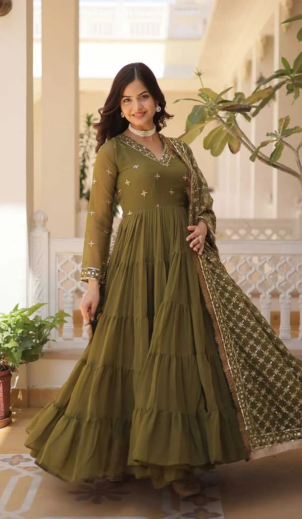 Mehendi Green Faux Georgette Embroidered Party Wear Gown With Dupatta - 9601188268