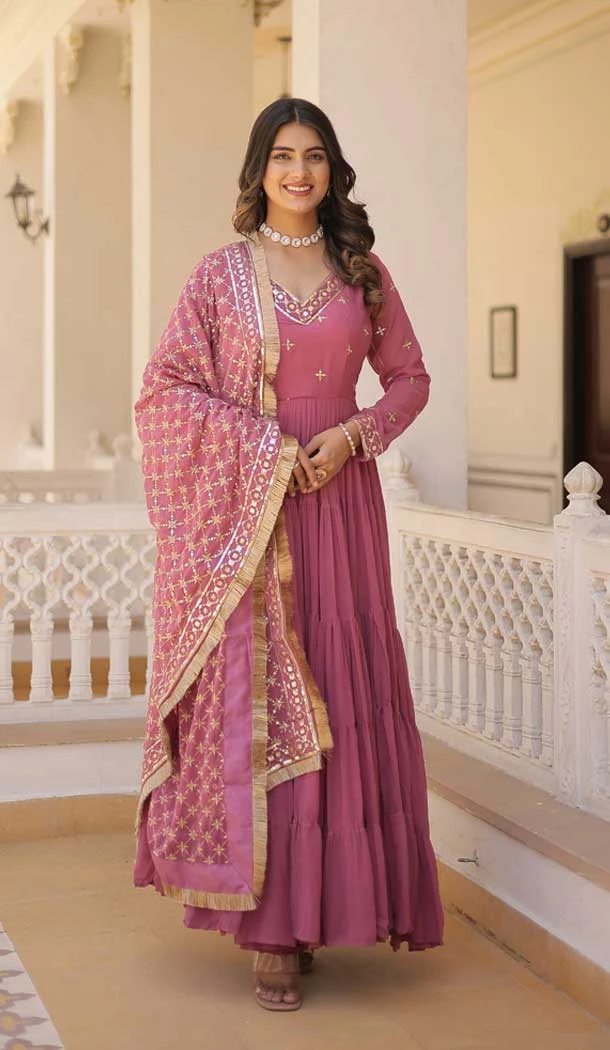 Onion Pink Faux Georgette Embroidered Party Wear Gown With Dupatta - 9601188269