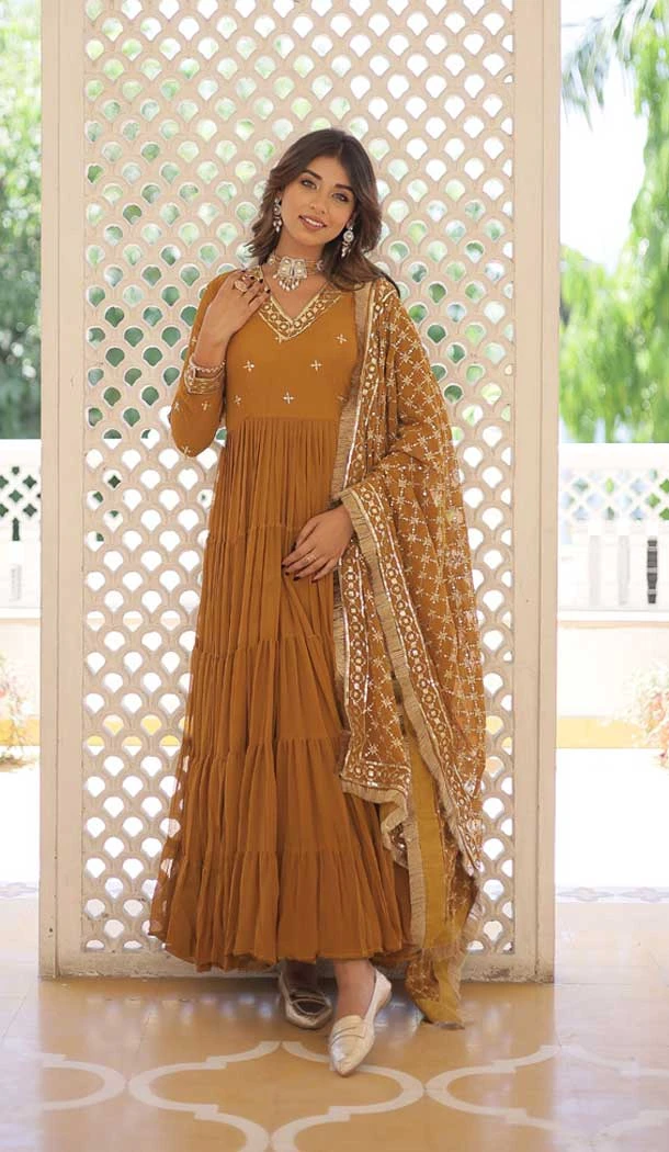 Mustard Faux Georgette Embroidered Party Wear Gown With Dupatta - 9601188270