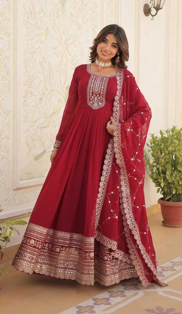 Georgette Sequins Work Function Wear Readymade Gown In Maroon - 9602188271