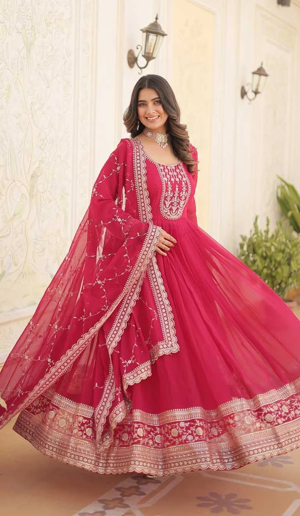 Georgette Sequins Work Function Wear Readymade Gown In Pink - 9602188272