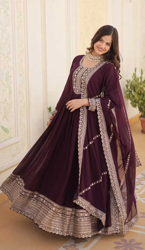 Georgette Sequins Work Function Wear Readymade Gown In Wine - 9602188273