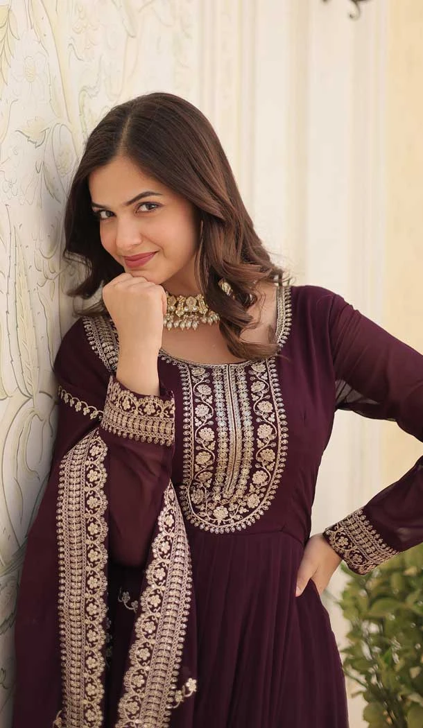 Georgette Sequins Work Function Wear Readymade Gown In Wine - 9602188273