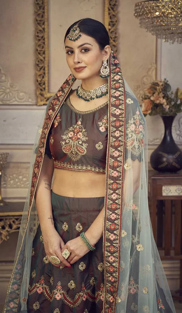 Taffeta Silk Embroidered Party Wear Lehenga Choli In Brown - 9606188306