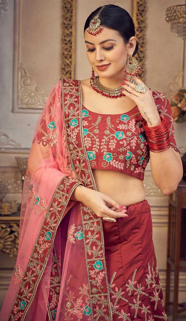 Taffeta Silk Embroidered Party Wear Lehenga Choli In Maroon - 9606188307