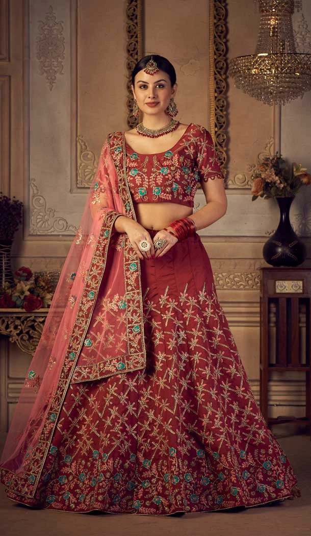 Taffeta Silk Embroidered Party Wear Lehenga Choli In Maroon - 9606188307