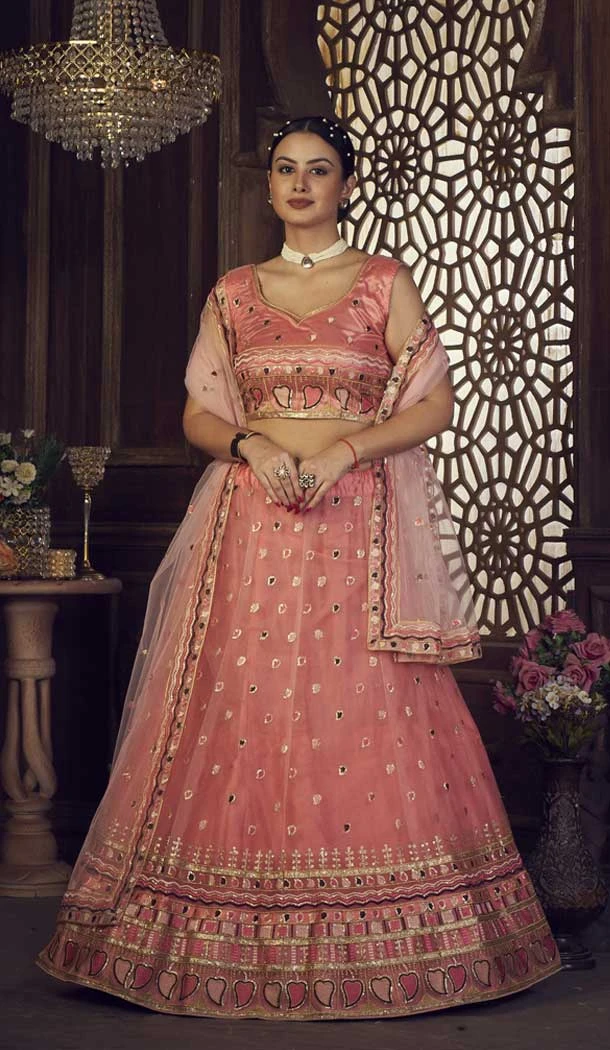 Net Embroidered Party Wear Lehenga Choli In Peach - 9606188308