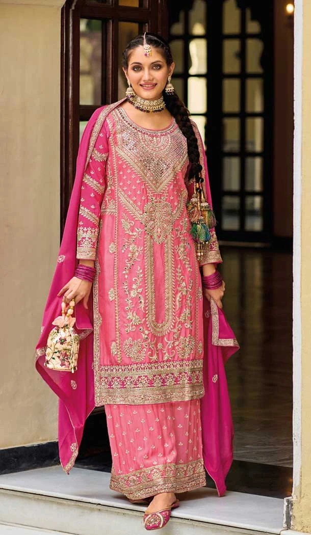 Pink Chinnon Embroidered Party Wear Readymade Palazzo Salwar Suit - 9612188331