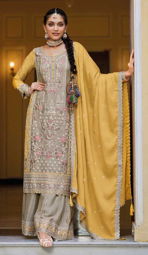 Grey Chinnon Embroidered Party Wear Readymade Palazzo Salwar Suit - 9612188332