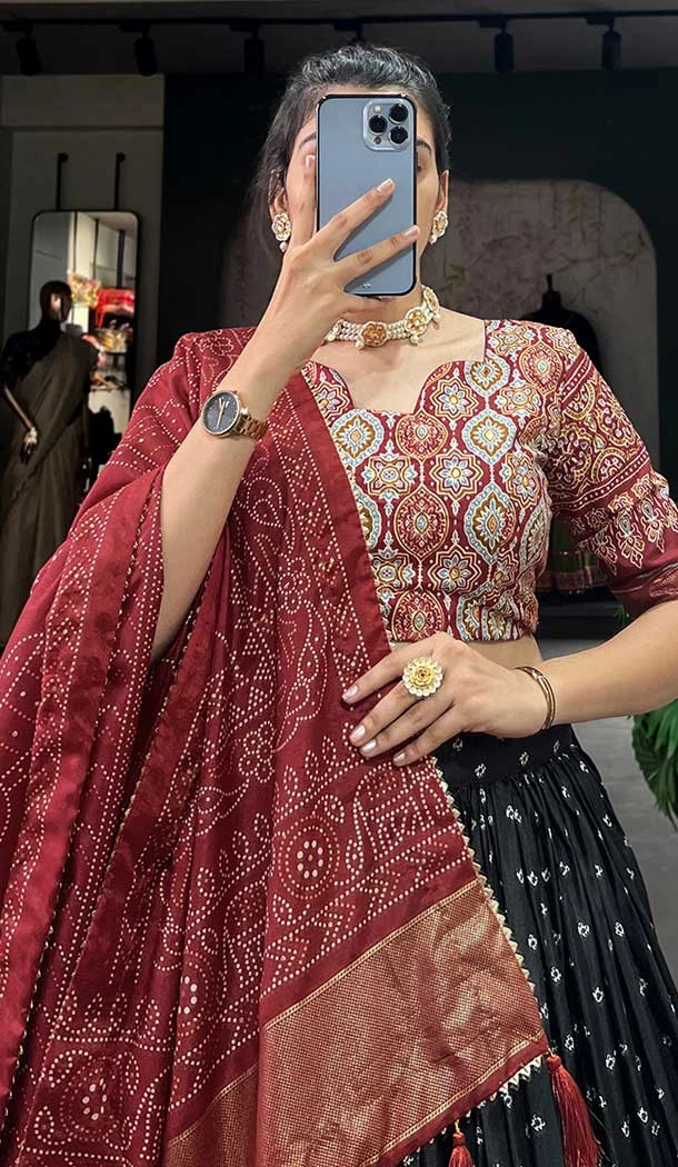 Black Tussar Silk Foil Printed Work Navratri Wear Chaniya Choli - 9667188688