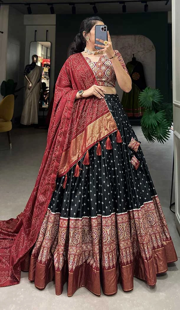 Black Tussar Silk Foil Printed Work Navratri Wear Chaniya Choli - 9667188688