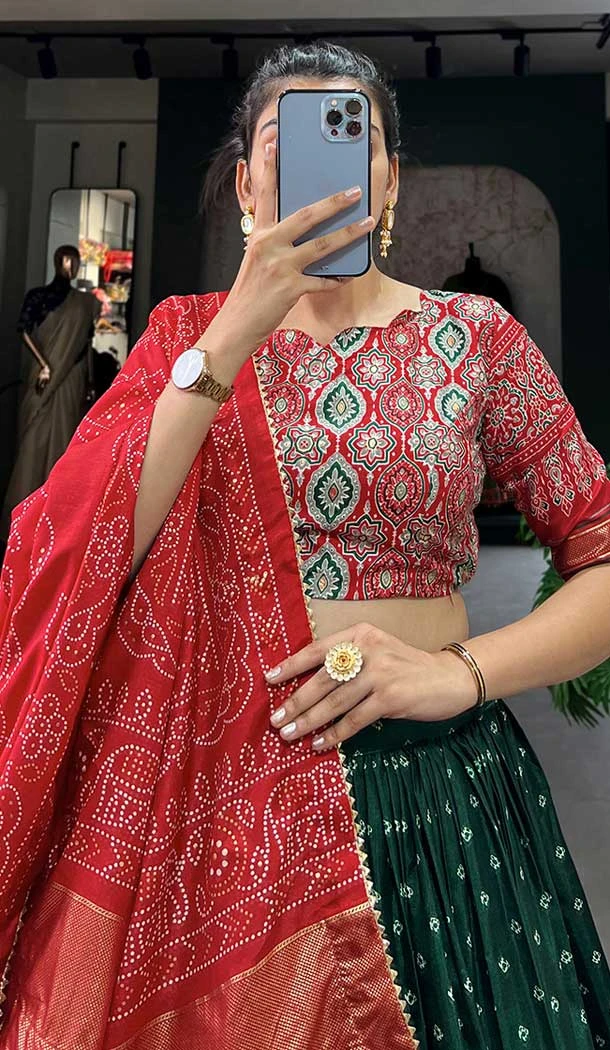 Bottle Green Tussar Silk Foil Printed Work Navratri Wear Chaniya Choli - 9667188689