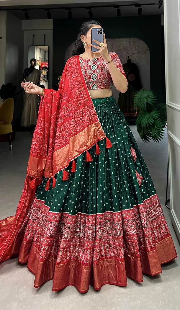 Bottle Green Tussar Silk Foil Printed Work Navratri Wear Chaniya Choli - 9667188689