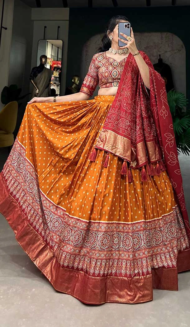 Mustard Tussar Silk Foil Printed Work Navratri Wear Chaniya Choli - 9667188690