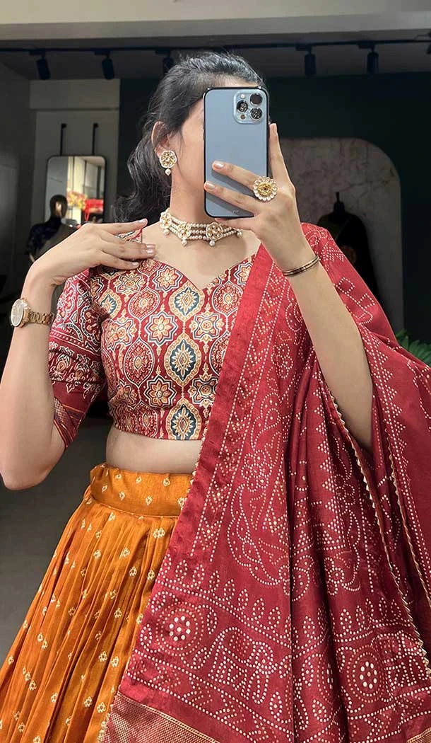 Mustard Tussar Silk Foil Printed Work Navratri Wear Chaniya Choli - 9667188690